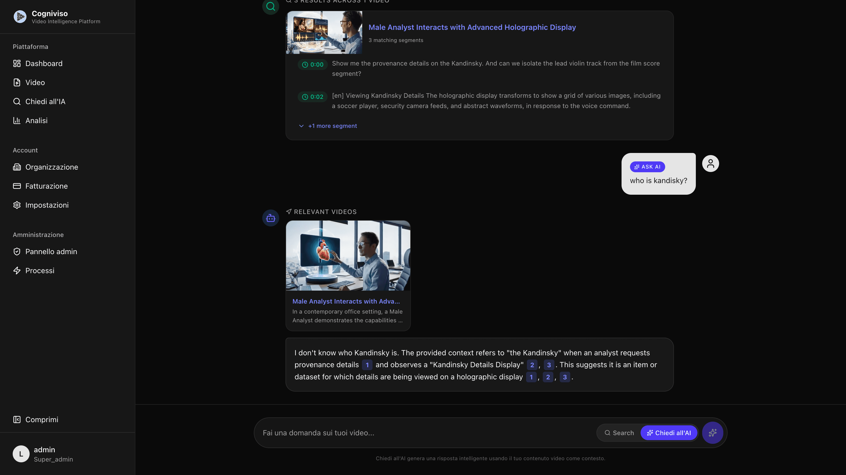 AI Search interface showing a conversational AI chat with video content context