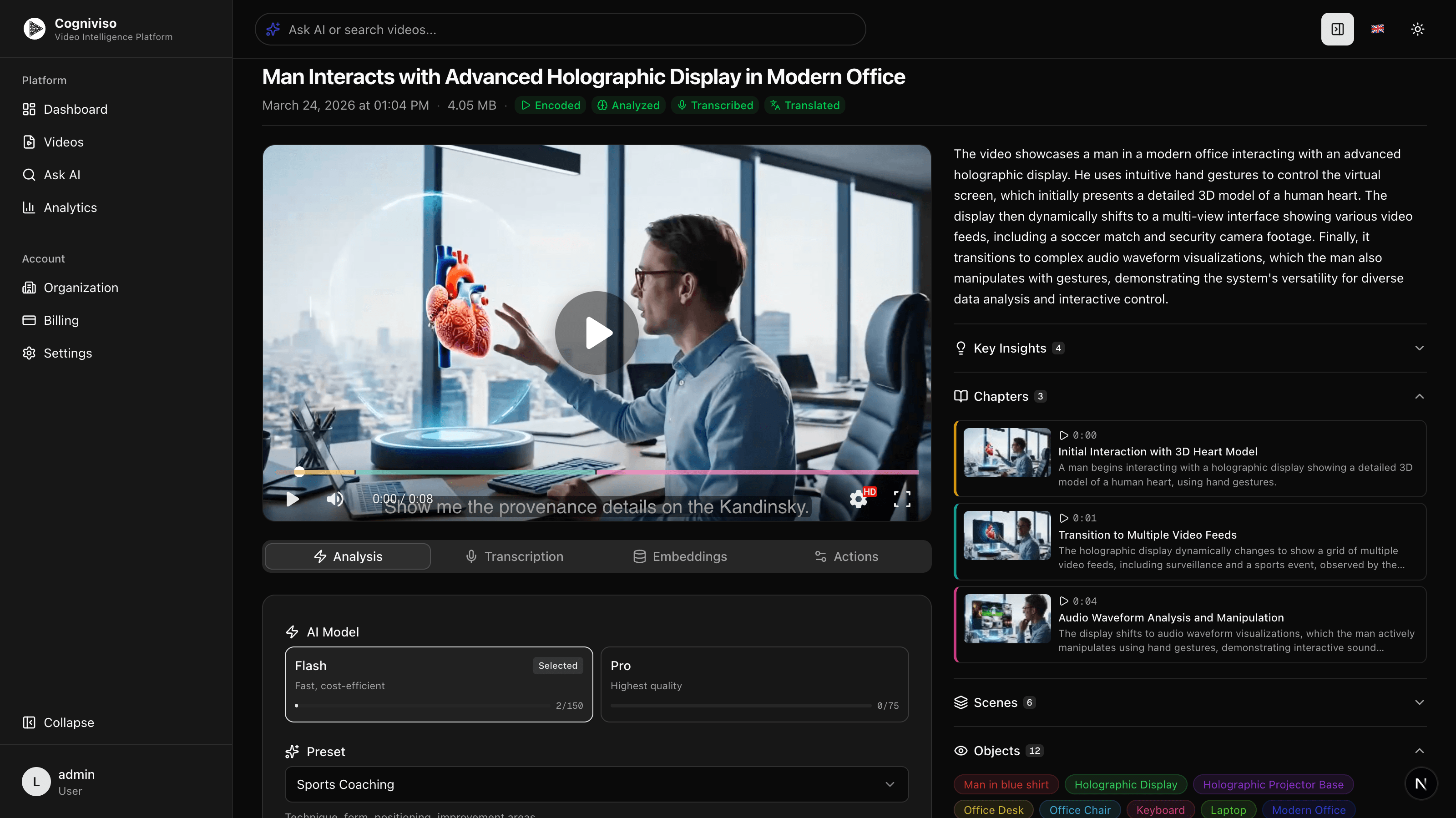 Coniviso dashboard showing video library, upload area, and real-time processing status