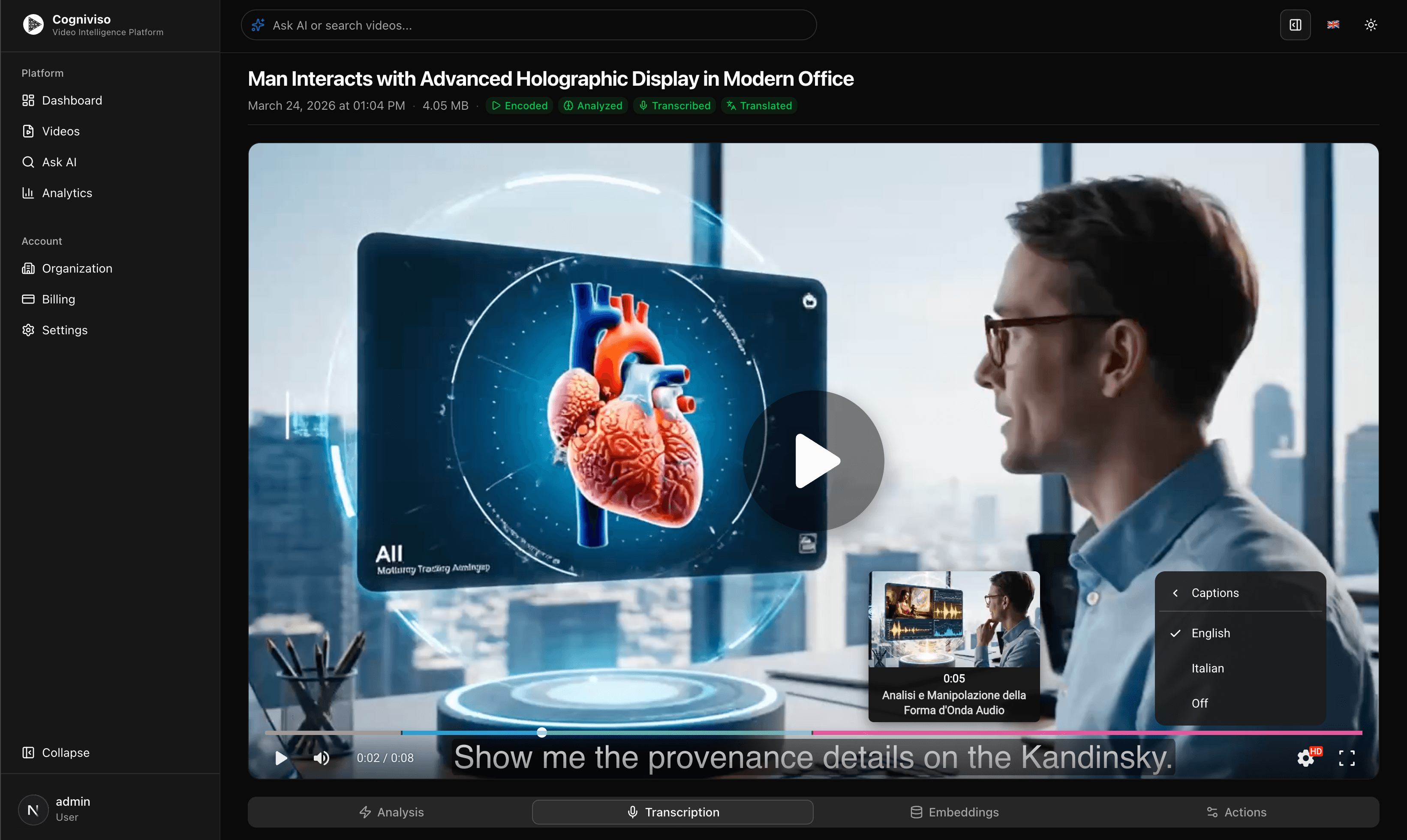 Video player showing transcription badges and multi-language support
